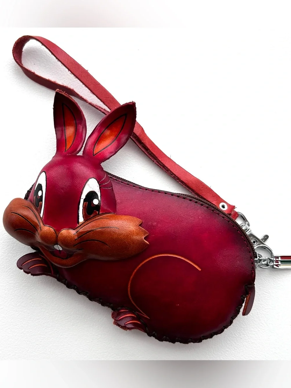 Art Genuine Leather Burgundy Bunny Wristlet Wallet Clutch for keys, cards, coins